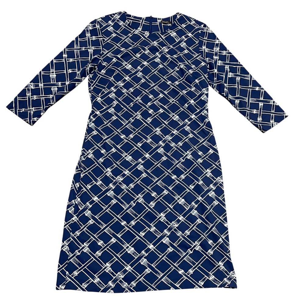 J McLaughlin Sophia Catalina Navy Blue White Bamboo Print Sheath Dress Women's L
